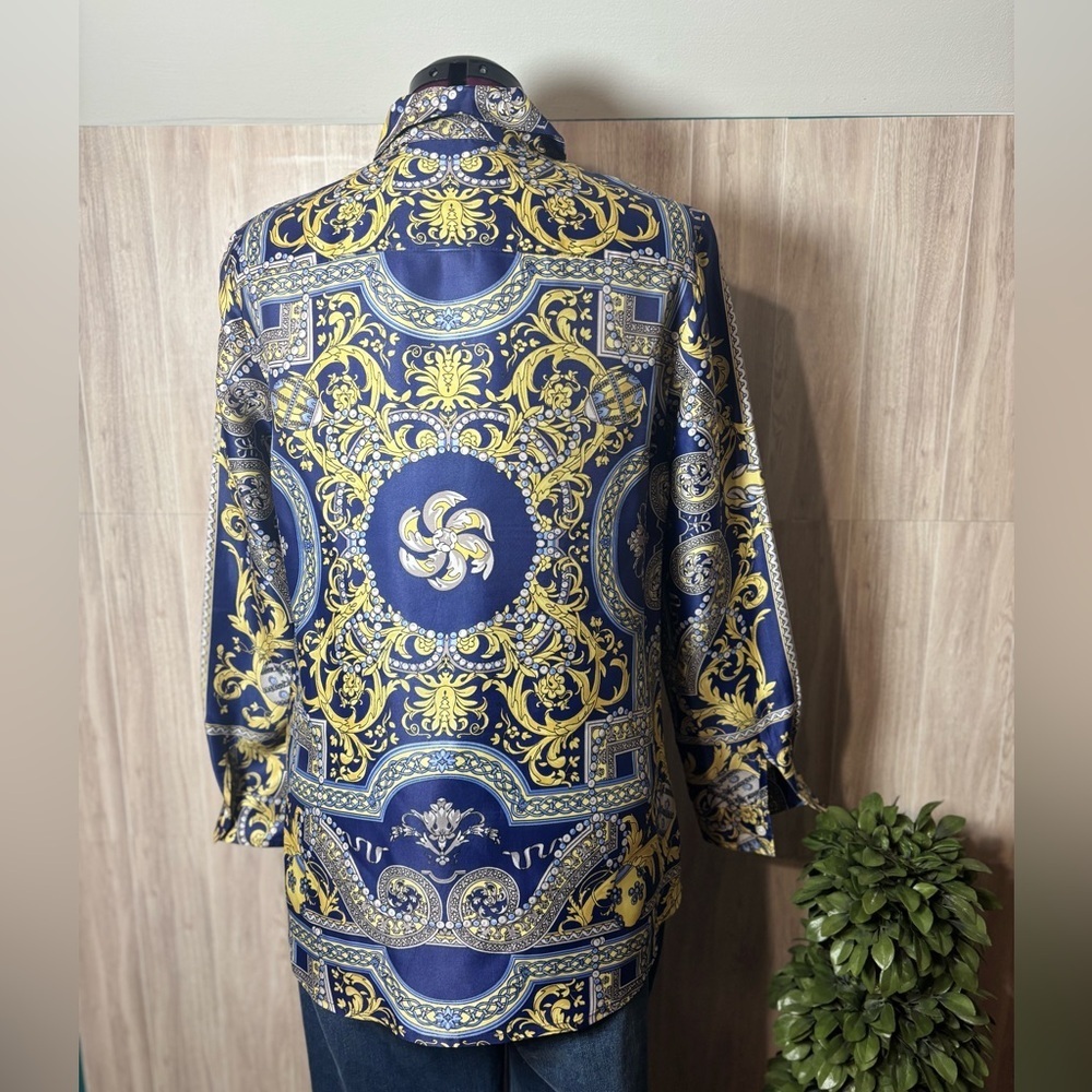 J. McLaughlin Faberge Con Lois Silk Blend Blouse Navy and Gold - Picture 2 of 11